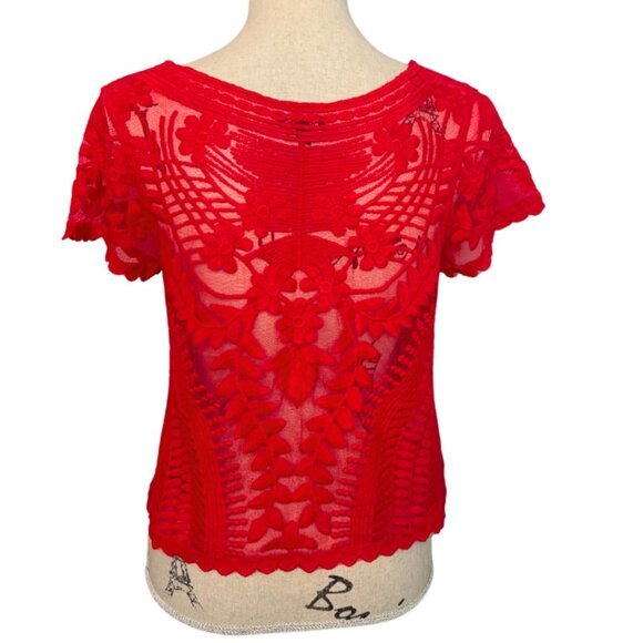 Express Embroidered Floral Sheer Lace Short Sleeve Top Red Size XS - Picture 3 of 9